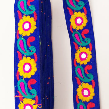 Royal Blue Floral Mirrored Trim With Yellow Flowers And Green Paisley Embroidery, Decorative Trimming, Trim By 3 Yards